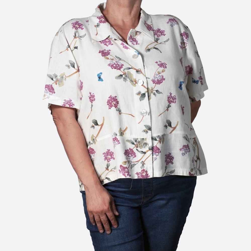 Cottage Linen Butterfly Top Floral Ivory Short Sleeve Blouse L fits XL/1X